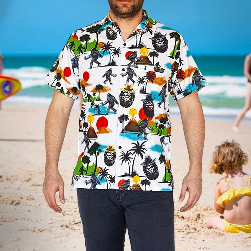 Funny Guy Mugs Mens Bigfoot Hawaiian Print Button Down Short Sleeve Shirt, Large - Image 2